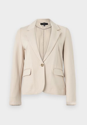 Beige yksirivinen bleiseri lovikauluksilla, kahdella etutaskulla ja pitkillä hihoilla, valmistettu sileästä kankaasta.