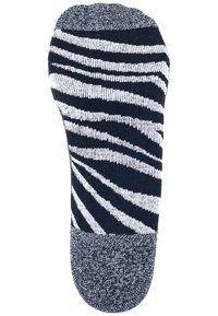 Navy and white striped sock with a curved shape, featuring a textured dark gray toe and heel section. Soft knit material.