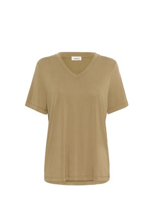 V-neck, short-sleeved t-shirt in olive green, made of soft fabric, featuring a loose fit and straight hem with subtle stitching details.