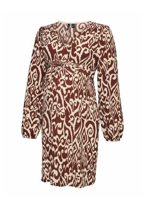 Langärmliges Umstandskleid mit braun-beigem, abstraktem Muster, V-Ausschnitt und einem Bindegürtel unter der Brust.