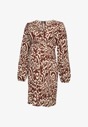 Langärmliges Umstandskleid mit braun-beigem, abstraktem Muster, V-Ausschnitt und einem Bindegürtel unter der Brust.