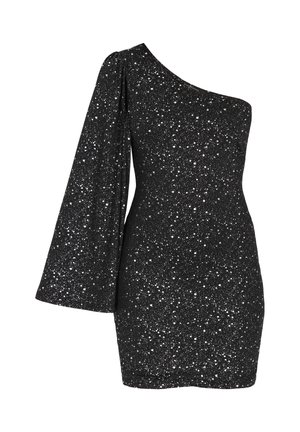 Rochie neagră cu o singură umăr, având un design asimetric, pete strălucitoare de argint și un material texturat cu o manșetă lungă fluidă.