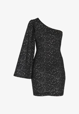 Abito nero a spalla unica con design asimmetrico, pepite argentate luccicanti e tessuto testurizzato con una manica lunga fluente.