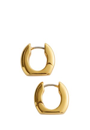 Chunky gold hoop earrings with a hinged clasp, featuring a smooth, polished finish and a modern, slightly squared shape.