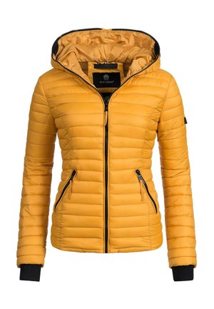 Gul puffjakke med hætte, ribbede manchetter, to lynlåslommer foran og quiltet tekstur. Sort lynlås og inderside.