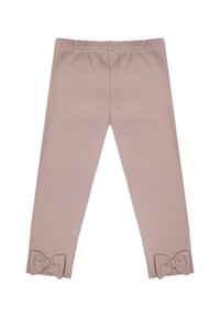 Różowe legginsy wykonane z miękkiej tkaniny, z elastycznym paskiem w talii, zwężanymi nogawkami oraz kokardkami przy mankietach.