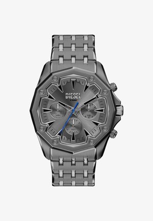 Achteckige Uhr aus Edelstahl mit Edelstahlarmband, kohlegrauem Zifferblatt, blauen Akzenten und drei Hilfszifferblättern. Wasserdicht bis 5 bar.