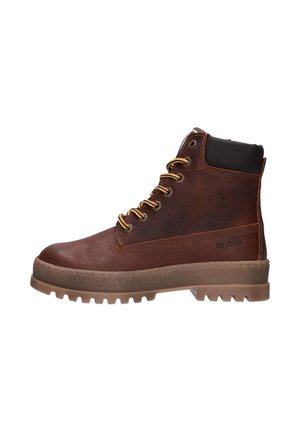 Brown leather hiking boot with textured finish, gold eyelets, laces, and a rubber sole. Features a low-cut design and padded ankle.