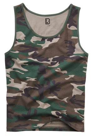 Débardeur en camouflage fabriqué dans un tissu doux ; présente des motifs abstraits verts, marron et beiges ; encolure ronde ; taille M.