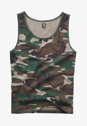 Camouflage tank top made from soft fabric; features green, brown, and beige abstract patterns; round neckline; size M.
