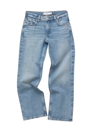 Light blue straight-leg denim jeans with front and back pockets, belt loops, and a button and zipper closure.