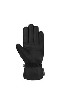 Schwarzer Lederhandschuh mit fünf Fingern, strukturiertem Oberflächen, elastischem Handgelenk für einen guten Sitz und genähten Akzenten entlang der Finger und der Handfläche.
