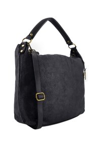 Sort håndtaske med struktureret slangeskindsprint. Har en læderrem med guldfarvet metal og en lynlåslukning, som giver en veldefineret form.