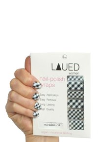 Nail polish wraps in a white box featuring a plaid pattern in black and white. Wraps displayed inside package, with application details on front.