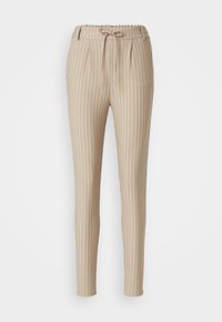 Pantalons beiges à rayures avec une taille élastique et un cordon de serrage. Dotés de plis à l'avant et de jambes fuselées. Texturé en tissu lisse.