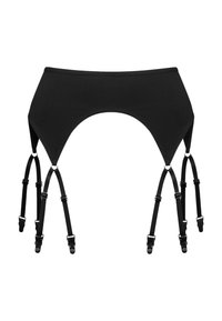 Czarny elastyczny pas do pończoch o gładkiej fakturze, z regulowanymi paskami i metalowymi klipsami do przymocowania. Minimalistyczny design.