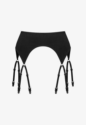 Czarny elastyczny pas do pończoch o gładkiej fakturze, z regulowanymi paskami i metalowymi klipsami do przymocowania. Minimalistyczny design.