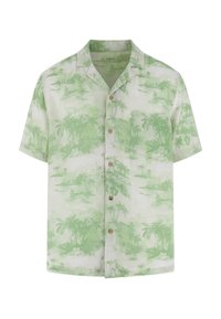 Kurzärmliges Button-Up-Hemd in Hellgrün mit Palmenbaum-Muster, aus leichtem Stoff gefertigt; verf�ügt über einen Kragen und Holzknöpfe.