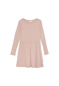 Langärmliges Kleid aus weichem, rosa Rippstoff, mit einem figurbetonten Oberteil und einem ausgestellten Rock, runder Ausschnitt und elastischen Bündchen.