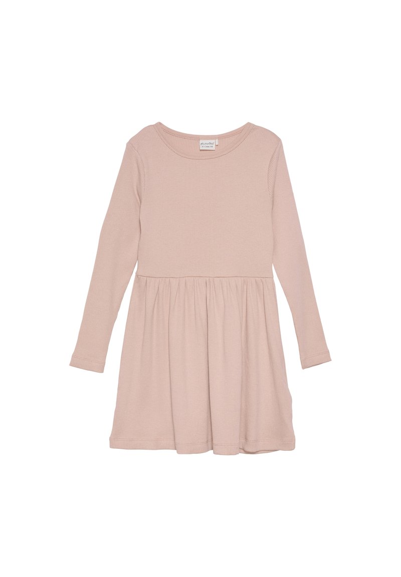 Langärmliges Kleid aus weichem, rosa Rippstoff, mit einem figurbetonten Oberteil und einem ausgestellten Rock, runder Ausschnitt und elastischen Bündchen.
