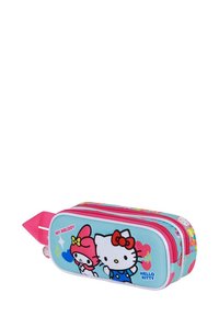 Trousse Hello Kitty de couleur bleu clair avec des accents roses, présentant des personnages de bande dessinée avec des nœuds. Compartiments zippés et une poignée latérale.