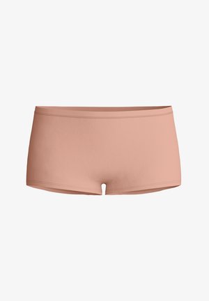 Naadloze dames boyshort ondergoed in naaktkleur met een gladde tailleband en korte beenzomen, afgebeeld tegen een witte achtergrond.