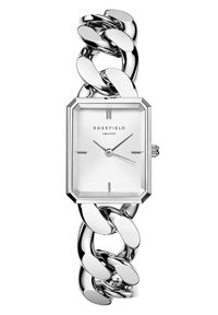 Reloj rectangular plateado con caja octagonal, pulsera de eslabones, esfera blanca y marcadores de hora minimalistas. Nombre de la marca 'ROSEFIELD' visible.