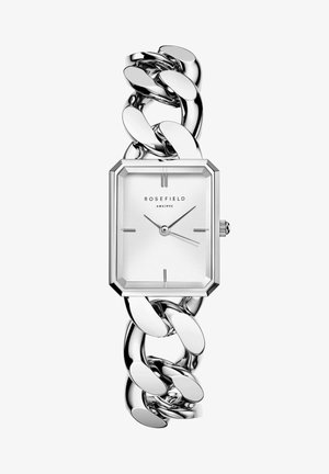 Zilveren rechthoekig horloge met octagonale kast, schakelhandschoenarmband, witte wijzerplaat en minimalistische uurmarkeringen. Merkaanroep 'ROSEFIELD' zichtbaar.