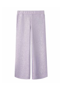 Pantalons larges lilas avec taille élastique et tissu texturé scintillant sur fond blanc.
