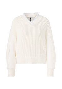 Weißer Strickpullover mit V-Ausschnitt, mit entspannter Silhouette, gerippten Bündchen und strukturierter Oberfläche. Weicher Stoff mit seitlichen Detailakzenten.