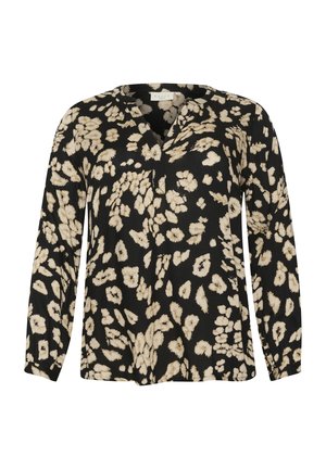 Blusa nera con maniche lunghe, caratterizzata da un leggero motivo floreale beige, scollatura a V e una vestibilità comoda. Tessuto morbido e leggero.