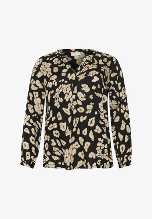 Črna bluza z dolgimi rokavi, ki ima svetlo bež cvetlični vzorec, V-izrez in sproščen kroj. Mehka, lahka tkanina.
