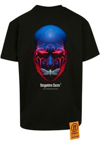 Black cotton t-shirt featuring a graphic design of a face with blue and red accents, a moth, and text "forgotten faces" on the back.