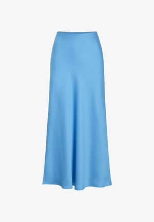 Pitkä, virtaava hame, joka on valmistettu sileästä, vaaleansinisen sävyisestä kankaasta. Siinä on korkea vyötärö ja yksinkertainen, elegantti siluetti. Ei näkyviä koristeita tai kuvioita.