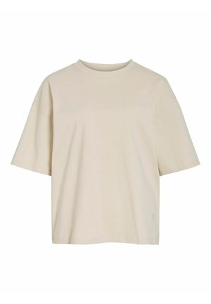 Helles beiges T-Shirt mit kurzen Ärmeln aus weicher Baumwolle, mit Rundhalsausschnitt, lässigem Schnitt und dezentem Logo an der Seite.
