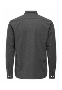 Dark gray long-sleeve shirt with a straight hem, button cuffs, and a collared neck, made from a textured fabric. No patterns or logos visible.