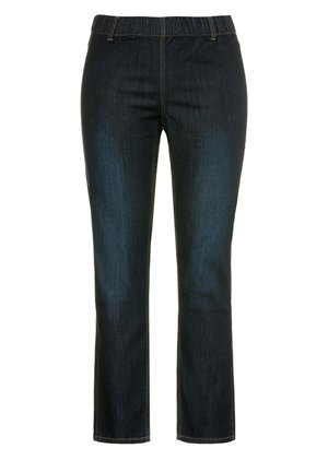 Pantaloni in denim blu scuro con una vita elastica, design a gamba dritta e dettagli di cucitura a contrasto. Texture liscia con minimo utilizzo.