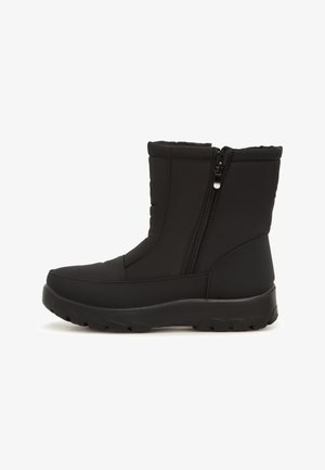 Botas de tobillo negras aislantes con cremallera lateral, textura acolchada, suela de goma resistente y acabado suave. Diseñadas para usar en clima frío.