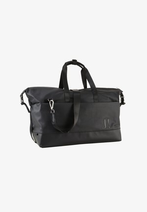 Borsa a duffel nera realizzata in tessuto resistente, con due manici e una tracolla removibile. Presenta un logo sul lato e una chiusura con zip.