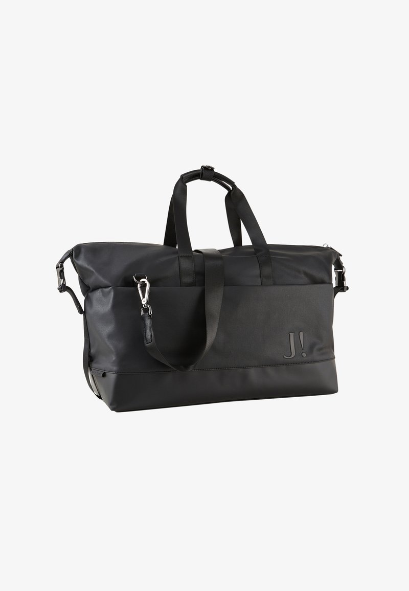 Svart duffelväska av slitstarkt tyg med två handtag och ett avtagbart axelband. Har en logotyp på sidan och dragkedjestängning.