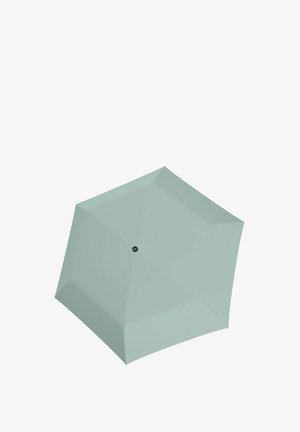 Lichtgroene hexagonale paraplu met een gladde textuur, uitgerust met een zwarte knop aan de bovenkant voor het openen en sluiten.