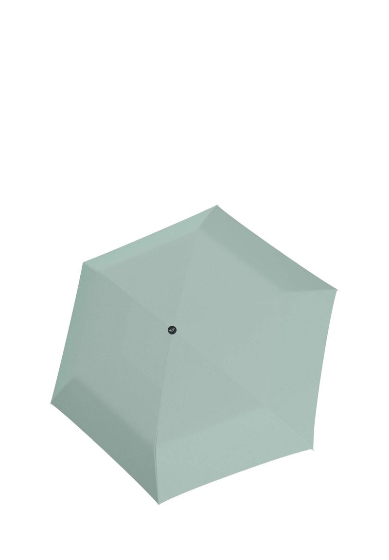 Lichtgroene hexagonale paraplu met een gladde textuur, uitgerust met een zwarte knop aan de bovenkant voor het openen en sluiten.