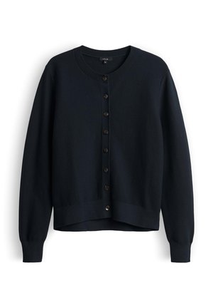 Zwarte gebreide cardigan met knopen, lange mouwen, een ronde halslijn en geribde manchetten, weergegeven tegen een witte achtergrond.