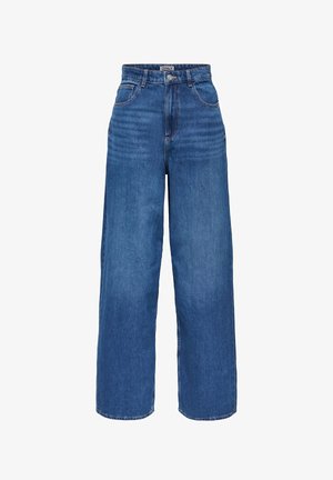 High-waisted blue denim jeans with wide legs, front button and zip closure, and front and back pockets.