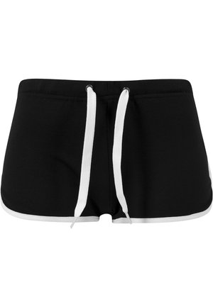 Schwarze Sportshorts mit weißem Seitenstreifen und weißem Kordelzug, der durch Metallösen am Taillenbund gezogen ist.