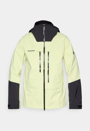 Veste imperméable jaune clair avec une capuche et des manches noires, dotée de deux poches avant, de cordons de serrage ajustables et de zips.