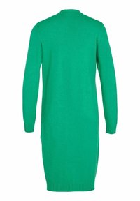 Robe tricotée verte à manches longues, longueur genou, avec poignets et ourlet côtelés, présentée de dos sur fond blanc.