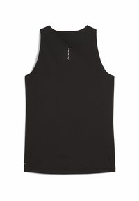 Débardeur noir sans manches en tissu lisse, présentant une coupe ajustée et un petit détail de logo vertical à l'arrière.