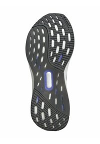 Gummisohle eines Sportschuhs in Grau mit weißen Rillen und Polsterbereichen. Besitzt blaue Akzente und ein strukturiertes Profil für besseren Halt.