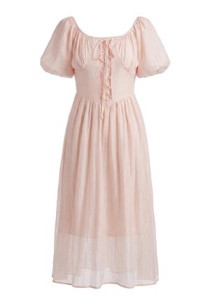 Light pink midi dress with puff sleeves, square neckline, lace-up front, fitted waist, and flowing skirt.